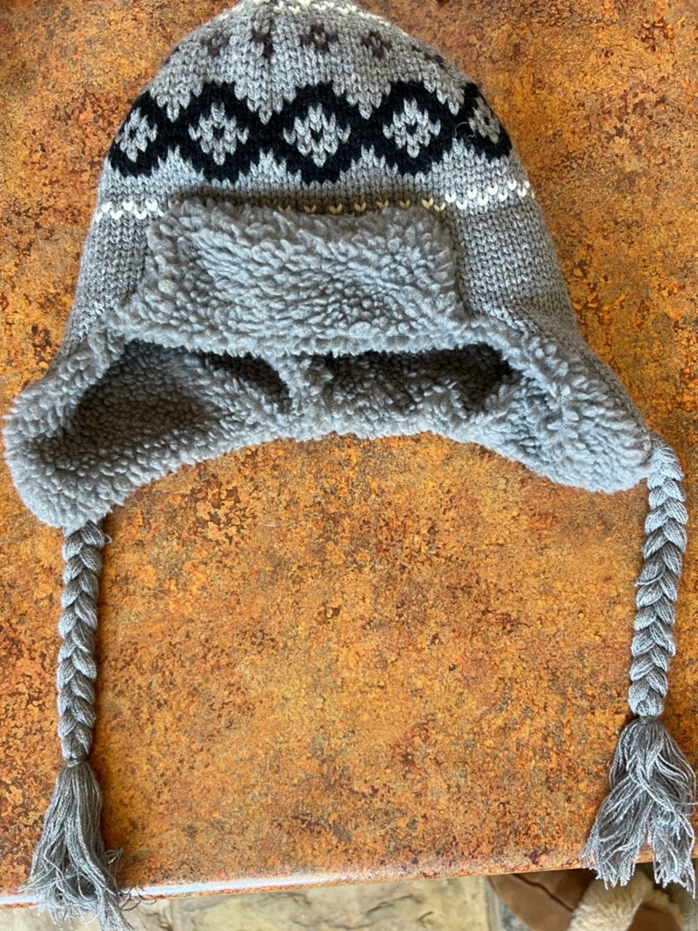 Cozy Knit Earflap Kids Hat - Gray with Black Pattern
